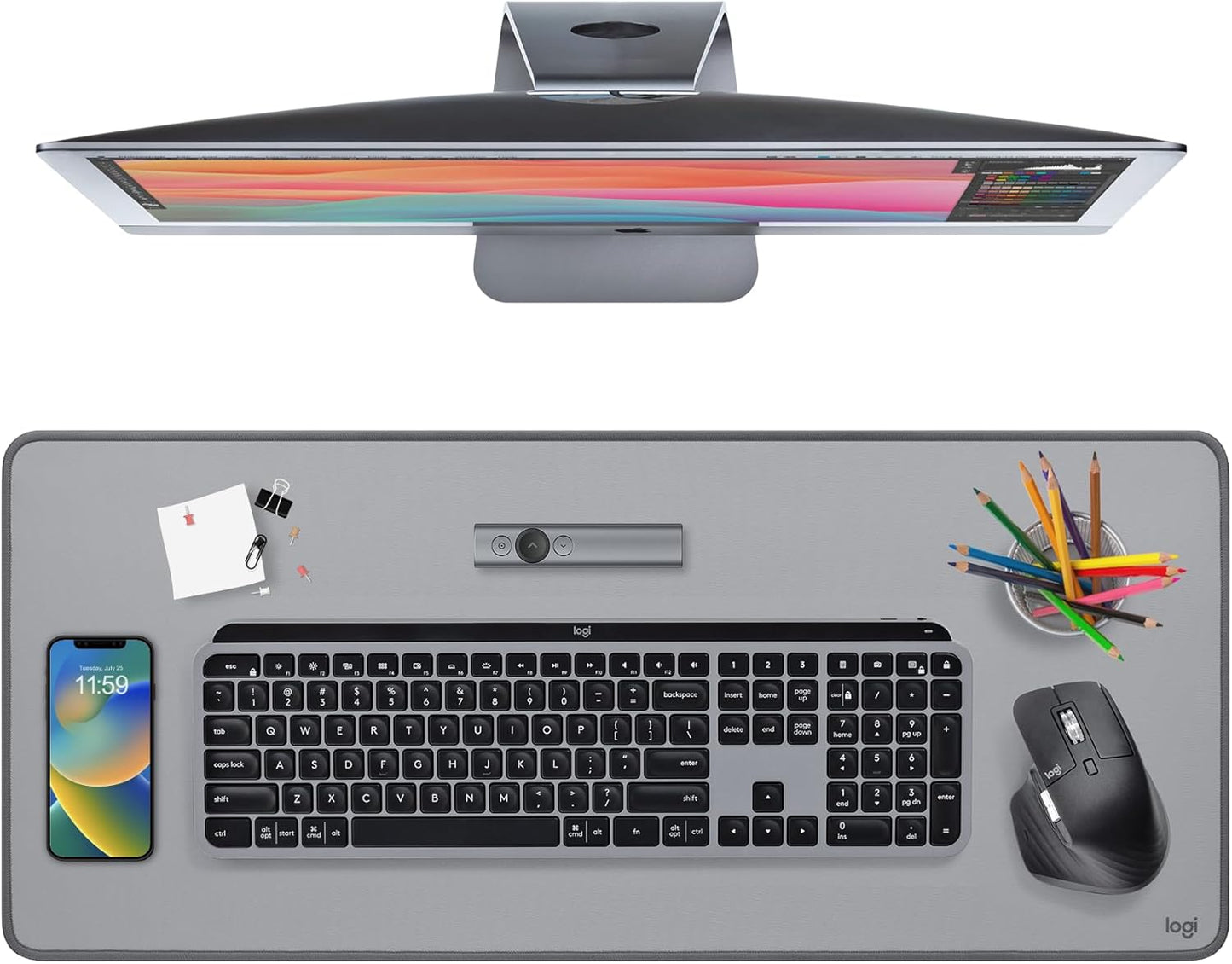 Logitech Desk Mat - Studio Series, Multifunctional Large Desk Pad, Extended Mouse Mat, Office Desk Protector with Anti-Slip Base, Spill-Resistant Durable Design, in Mid-Grey
