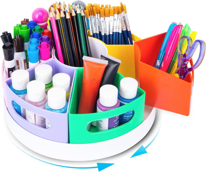 CraftGenes Art Supplies Organizer, Extra Large 360° Rotating Desk Organizer with 7 Removable Compartments, Marker Organizer for Home, Office, and Classroom, Crayon Holder