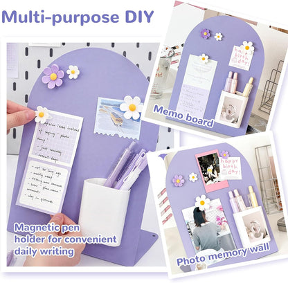 Desk Magnetic Message Board, Metal Bulletin/Memo Board with Magnetic Pen Holder and Flower Pins with Stand, Souvenir/Photo Display Board for Home, Office, Dormitory, Apartment, 8 * 11Inch (White)