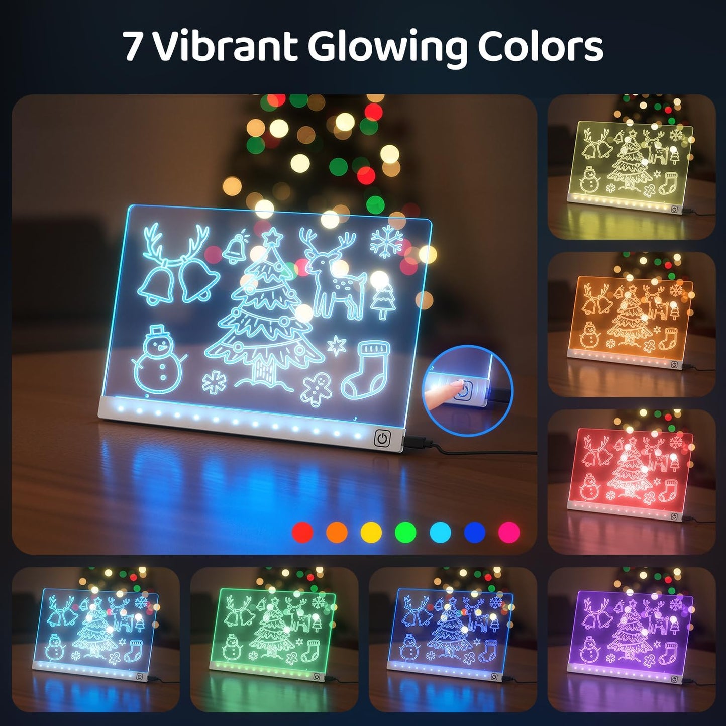 LED Drawing Board with 7 Colors & 3 Light Modes - Glow Doodle Board, Includes 7 Markers + Tracing Book, Dry Erase Note Boards, Halloween Christmas Birthday Gifts for Kids (7.9"x11.8")