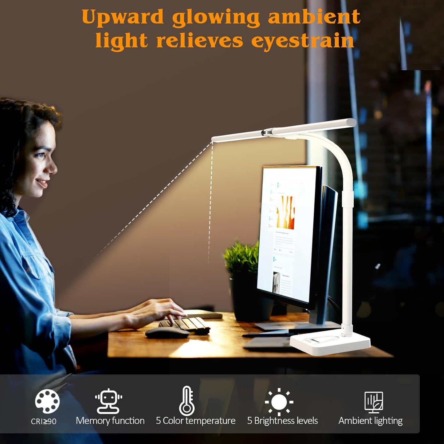 AKRRYR LED Desk Lamp for Home Office, Double Head 24W with Base, Architect Light 5 Lighting Brightness Flexible Gooseneck Table Reading Study, Black