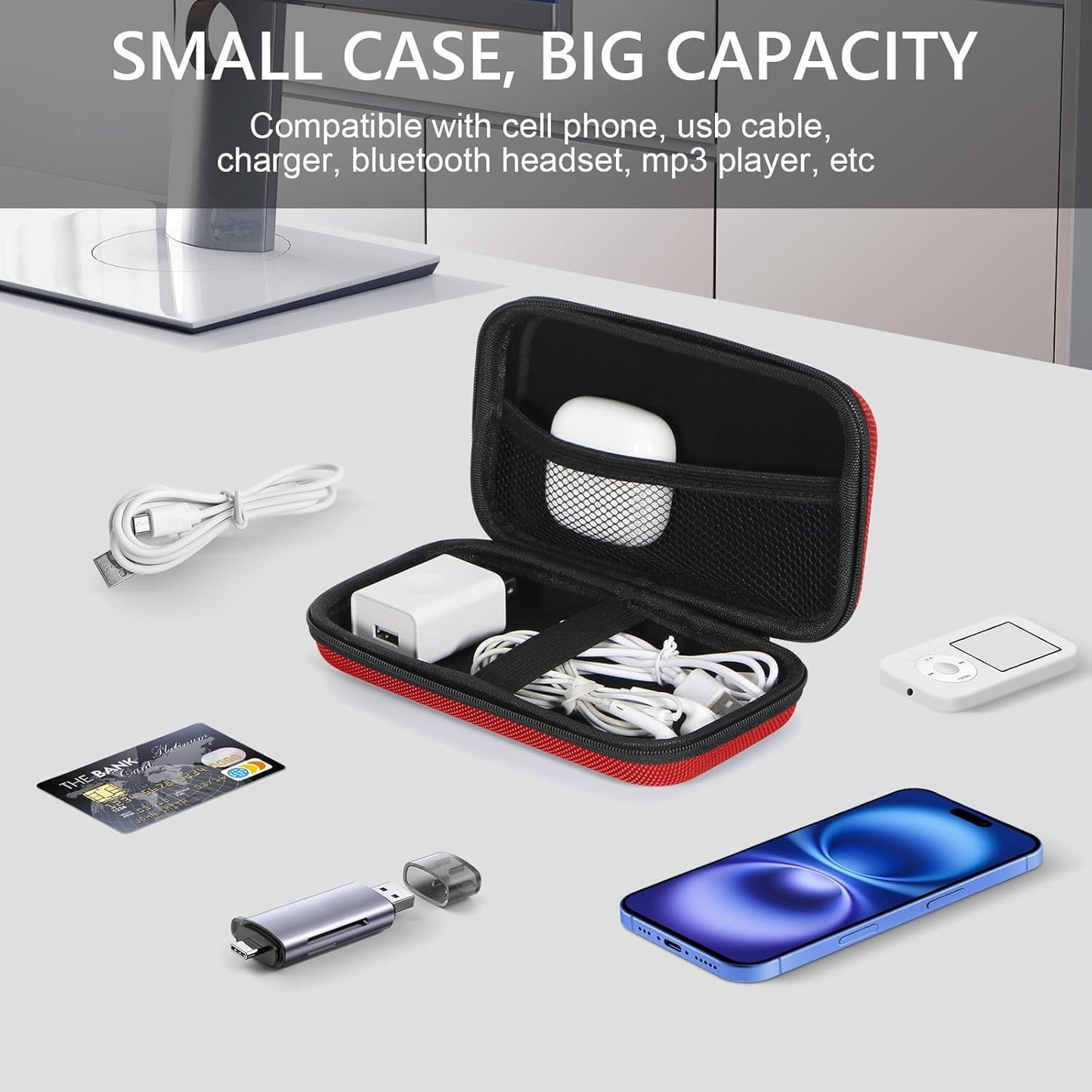 Portable Protection Hard EVA Case for External Battery, Cell Phone, GPS, Hard Drive, USB/Charging Cable, Small Carrying Bag Mesh Inner Pocket, Zipper Enclosure, Universal Travel Pouch Bag