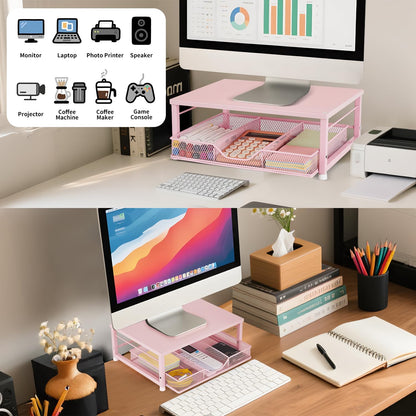 Wood Metal Monitor Stand Riser, Laptop Stand for Desk, Office Desk Organizer and Accessories, Computer Desktop Shelf with Drawer and Pen Holder, Printer Stand for Home, Office, Dorm (Natural Wood)
