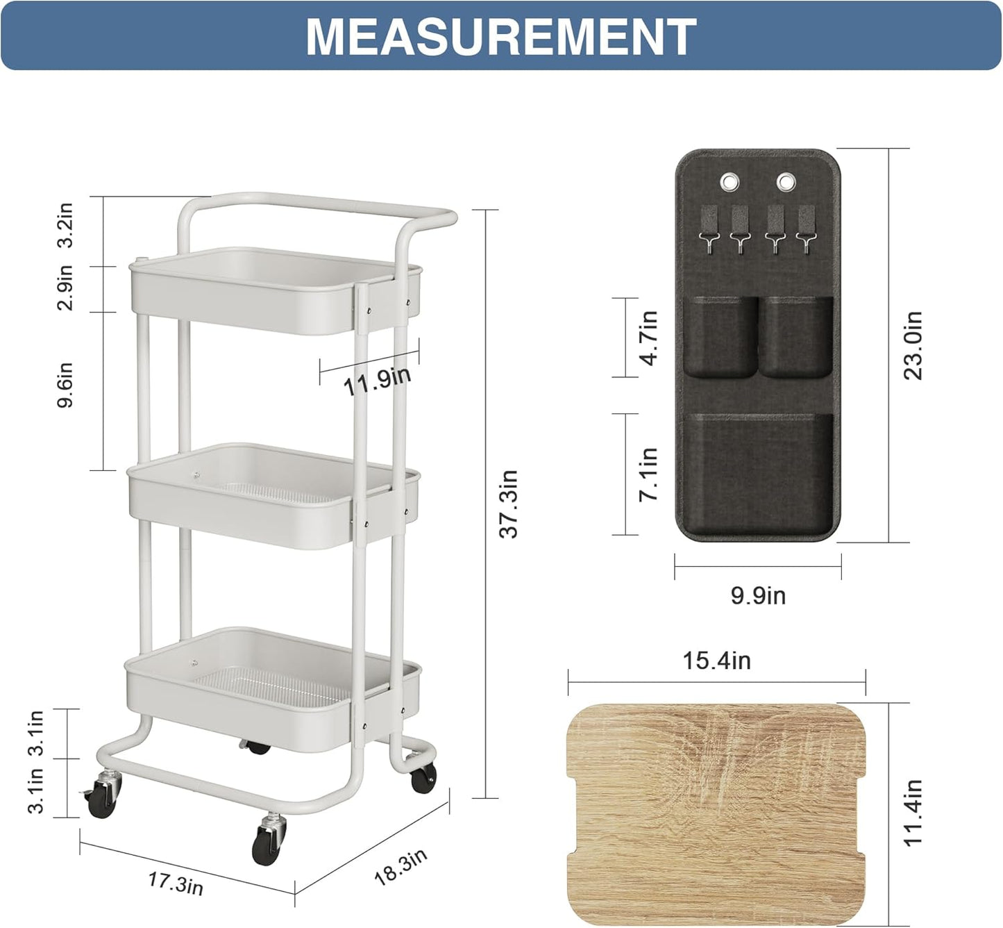 DTK 3 Tier Metal Utility Rolling Cart with Table Top and Side Bags, Tray Storage Organizer Wheels, Art Craft 4 Hooks for Kitchen Bathroom Office Living Room (Black)