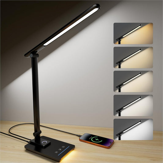 ELECTRI LED Desk Lamp, Touch Desk Light with USB Port, 5 Color & Stepless Dimming, 360° Rotatable ＆ Foldable, Reading Lamp for Table Study Work Office Nail Craft Puzzle(with Adapter) (White)