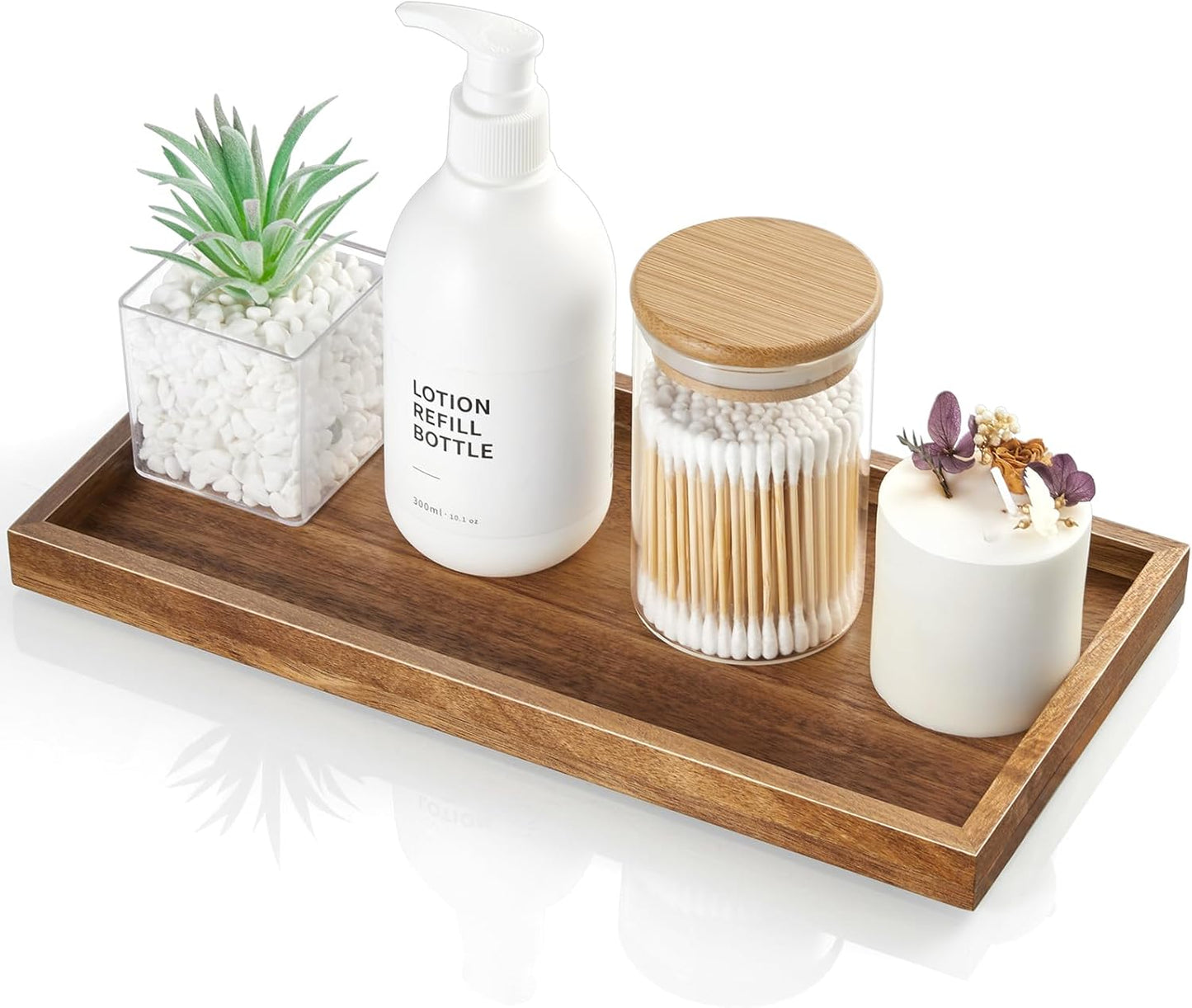 ALELION 8" Acacia Wood Bathroom Vanity Tray for Counter - Dresser Top Tray for Perfume Jewelry Candle Key Catchall - Small Kitchen Countertop Organizer for Soap Dispenser and Sponge Holder