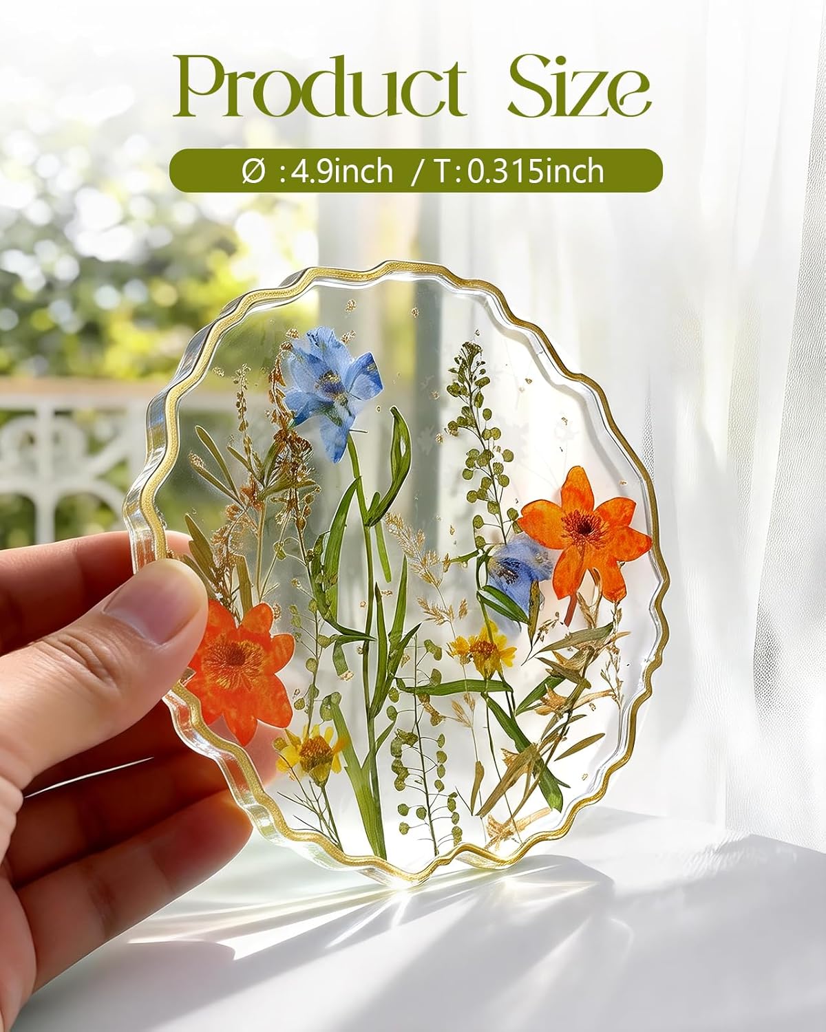 Oqplog Resin Drink Coaster for Desk Coffee Table-Pink White Cute Dried Flowers Cup Coaster for Work Office Home Outdoor Decor Gifts for Girls Women,1 Pcs Wave