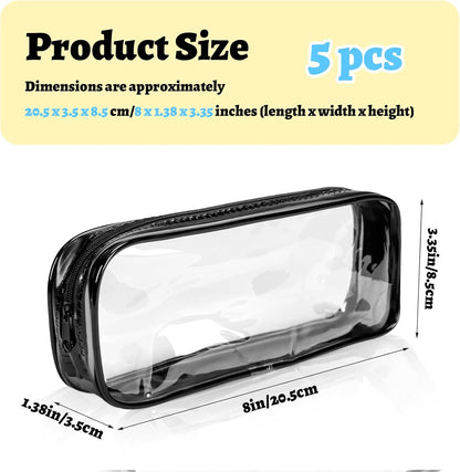 5 Pack Clear PVC Zipper Pencil Pouch, Pen Pencil Case Makeup Pouch, Large Capacity Pencil Bag for Office Stationery Travel Storage (Black)