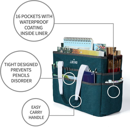 JJRING Craft Organizer Tote Bag for Art Storage, Caddy with Multiple Pockets, Bluish Green Sewing Bag for Scrapbooking, School, Medical, and Office Supplies