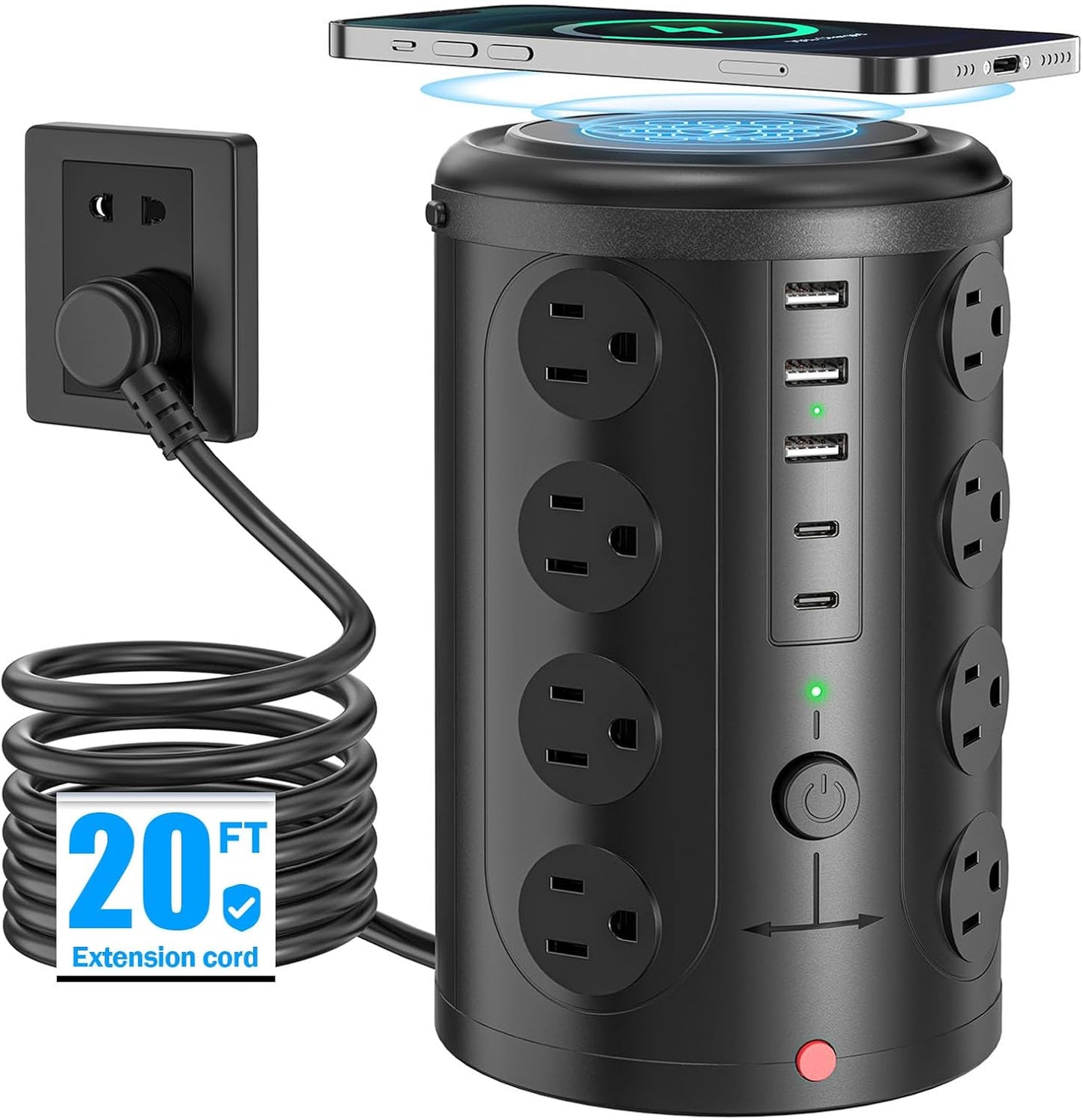 Tower Power Strip Surge Protector with 16 Outlets and 5 USB Ports (2 USB-C), 6FT Extension Cord with Multiple Outlets,Heavy Duty Charging Station,Home Office Dorm Room Essentials. No Wireless Charging