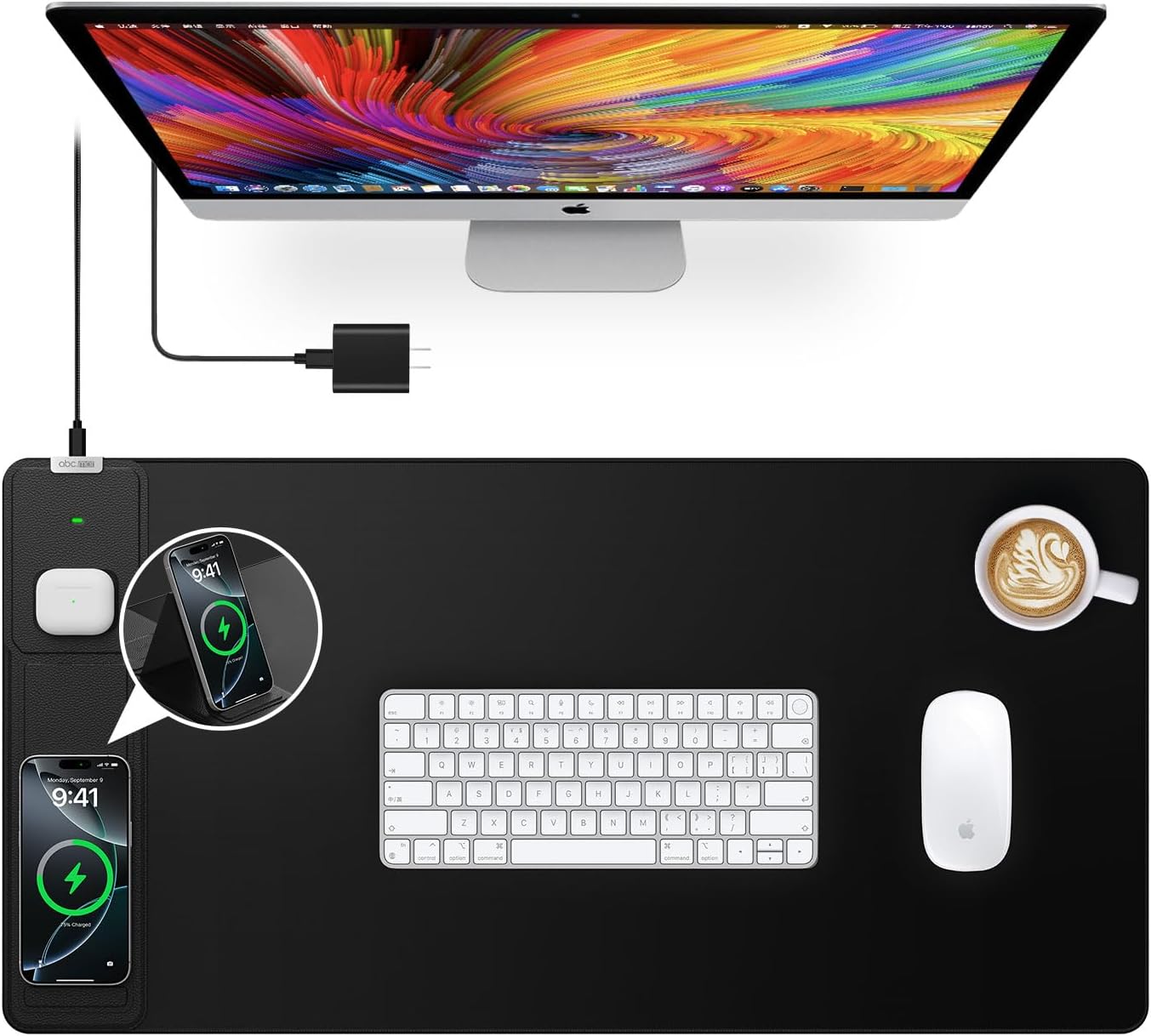 Wireless Charging Mouse Pad with Foldable Phone Holder, 31.5"x15.8" Large Desk Mat for Laptop/Keyboard, Waterproof Ultra-Smooth Surface, Non-Slip Base, Black