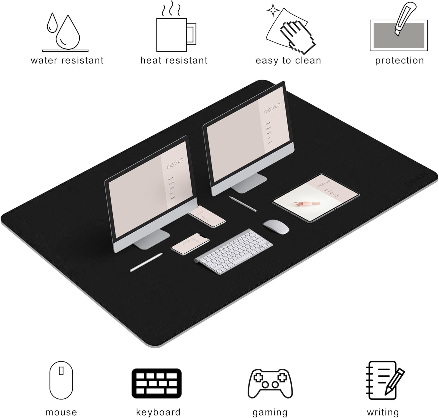 Chihein 2XL 35" x 16" Cork & PU Leather Desk Mat, Dual Sided Desk Pad Protector, Waterproof Writing Blotter for Gaming, Office, Home (Black)