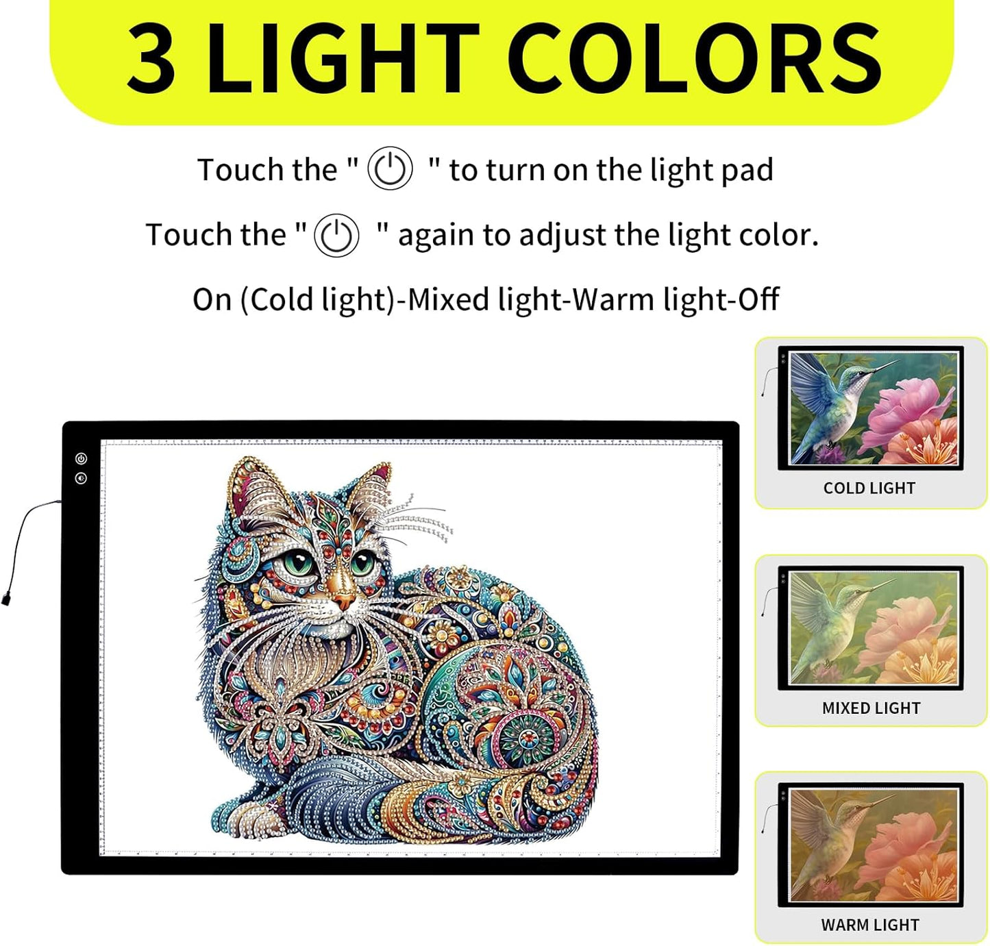 YINGWOND Rechargeable A4 LED Light Pad with Padded Case, Tracing Light Box w/Riser Stands and Paper Clip, 6 Levels of Brightness, Type-c Cable, Wireless Diamond Painting Light Board