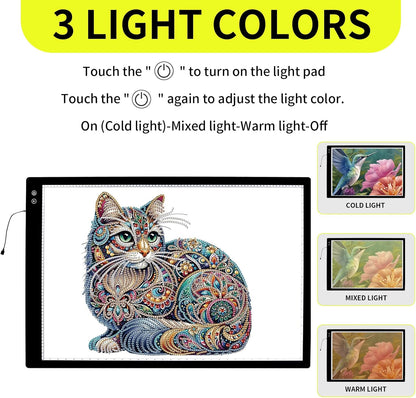 YINGWOND Rechargeable A4 LED Light Pad with Padded Case, Tracing Light Box w/Riser Stands and Paper Clip, 6 Levels of Brightness, Type-c Cable, Wireless Diamond Painting Light Board