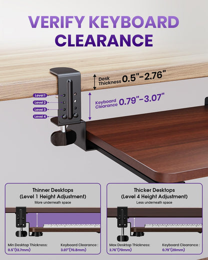 Ergonomic Mouse & Keyboard Tray Under Desk, Pull Out with Adjustable C-clamp, 20 (25.9 Including Clamps) x 11.8 Inch Slide Out Computer Keyboard Drawer Mouse Tray for Typing, Rustic Brown