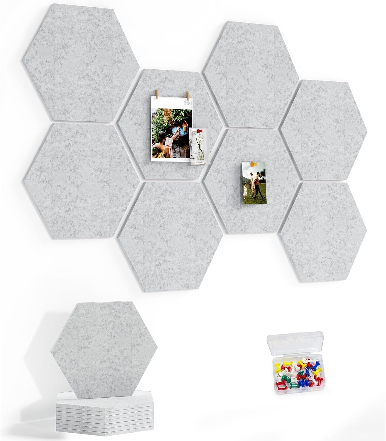 8 Pack Hexagon Felt Bulletin Board Tiles - 12" Large Thick Pin Board for Walls with 30 Push Pins, DIY Boards for Office Home School Decor, Aesthetic Hex Cork Board Alternative