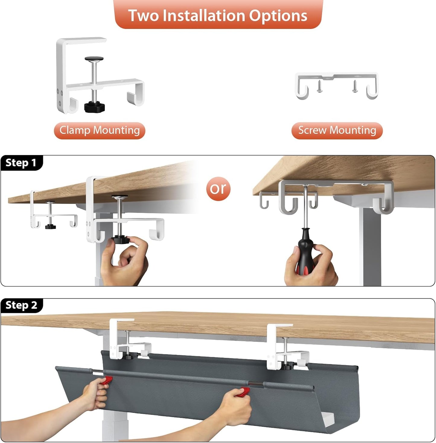 Univivi No Drill Under Desk Cable Management Tray, 36" Cord Organizer for Table, Clamp/Screw Mount Desk Cable Management, Premium Fabric Cable Management Tray for Office, Home