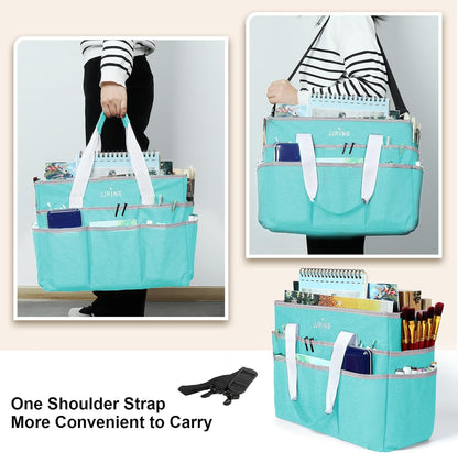 JJRING Craft Organizer Tote Bag for Art Storage, Caddy with Multiple Pockets, Bluish Green Sewing Bag for Scrapbooking, School, Medical, and Office Supplies
