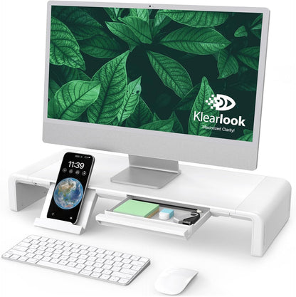 Klearlook Computer Monitor Stand for Desk, Adjustable Foldable Monitor Riser with Storage Drawer & Tablet Phone Holder for Office, Home, Laptop, Desktop (Black)