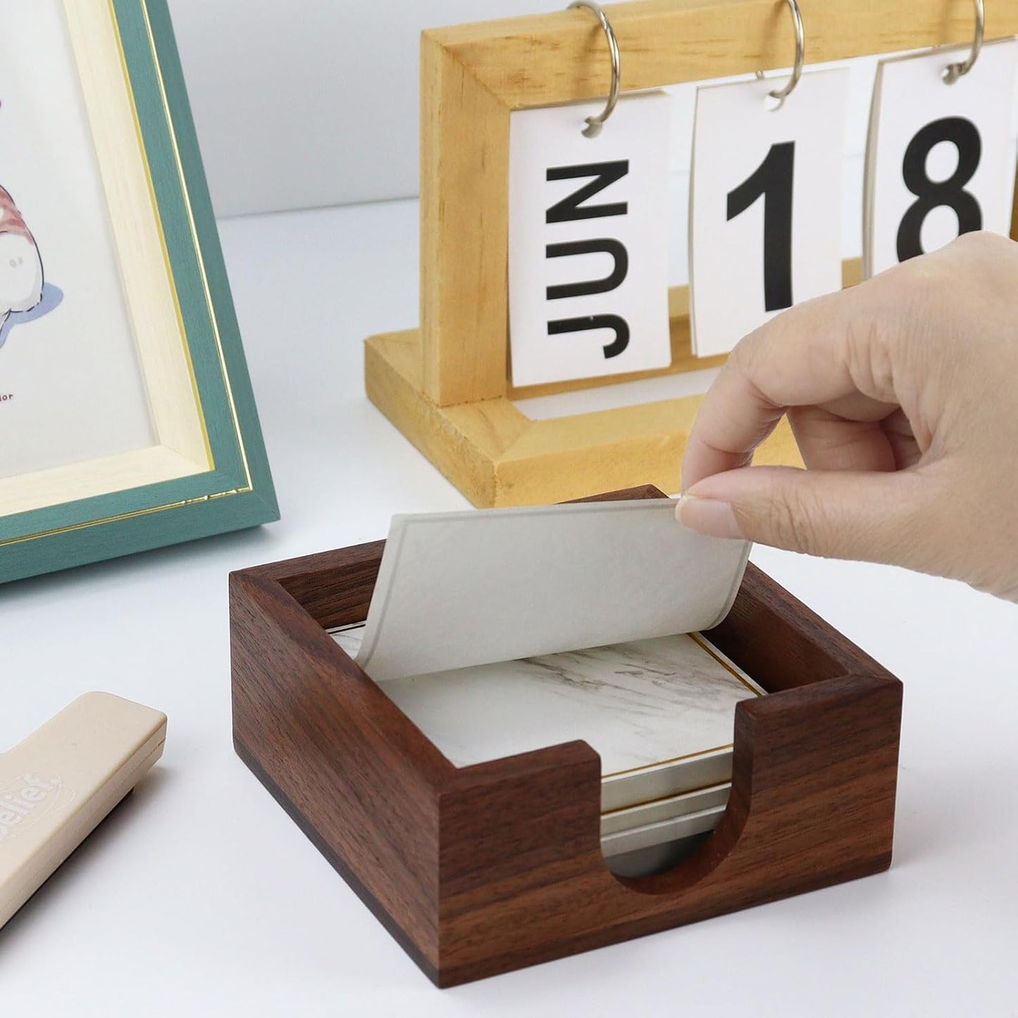 MultiBey Walnut Wood Sticky Notes Holder for Desk, 4x6 Inch Self -Sticky Note Memo Holder, Wooden Sticky Note Dispenser Office Desk Organizer for Dorm Room Office Home School (S)