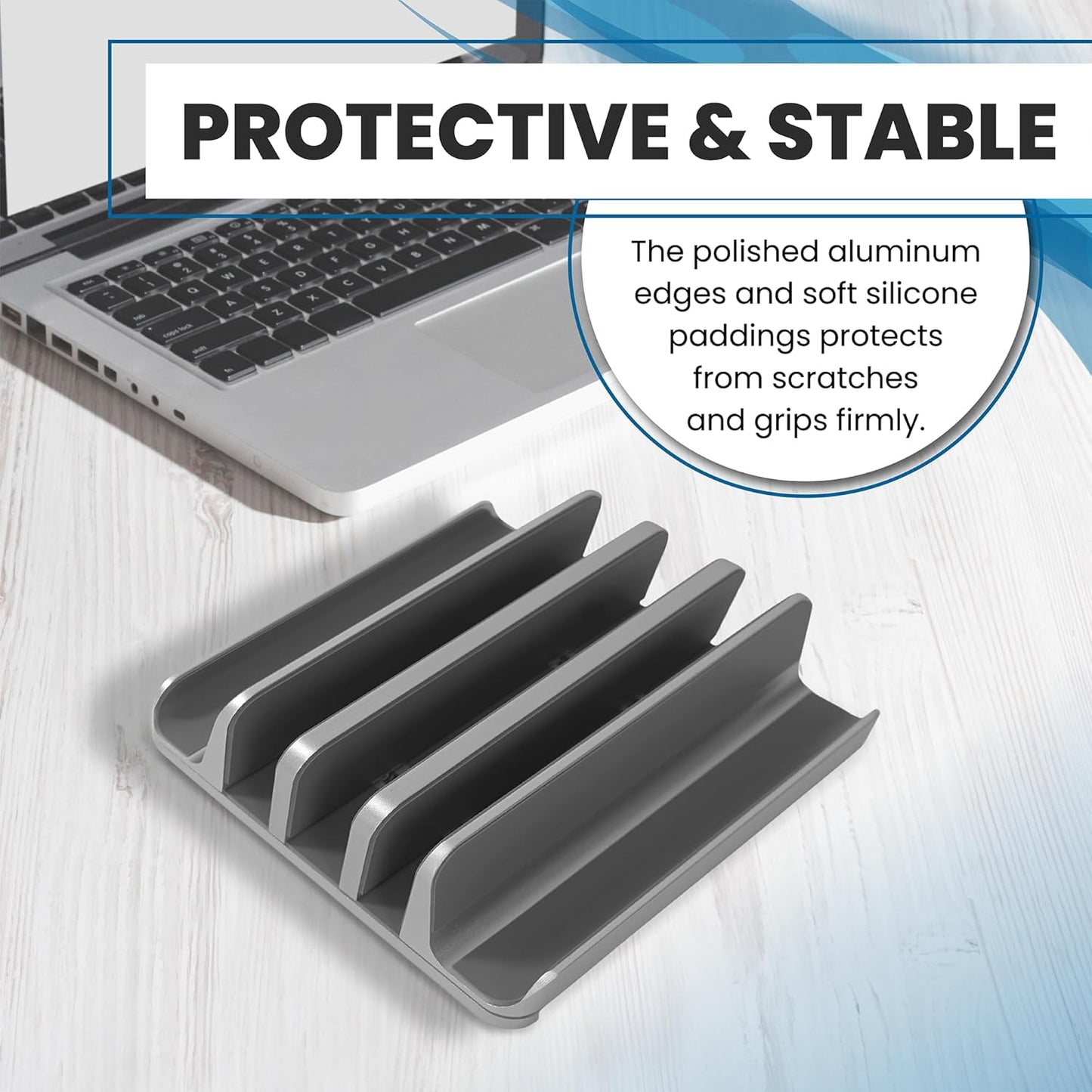 Elestoria 5- Slot Vertical Laptop Stand - Aluminum Laptop Stand Vertical for Desk - Fits MacBook Pro/Air, Surface, Mobiles & Gaming Laptops up to 17.3" - Heavy Duty Laptop Holder for Desk - (Silver)