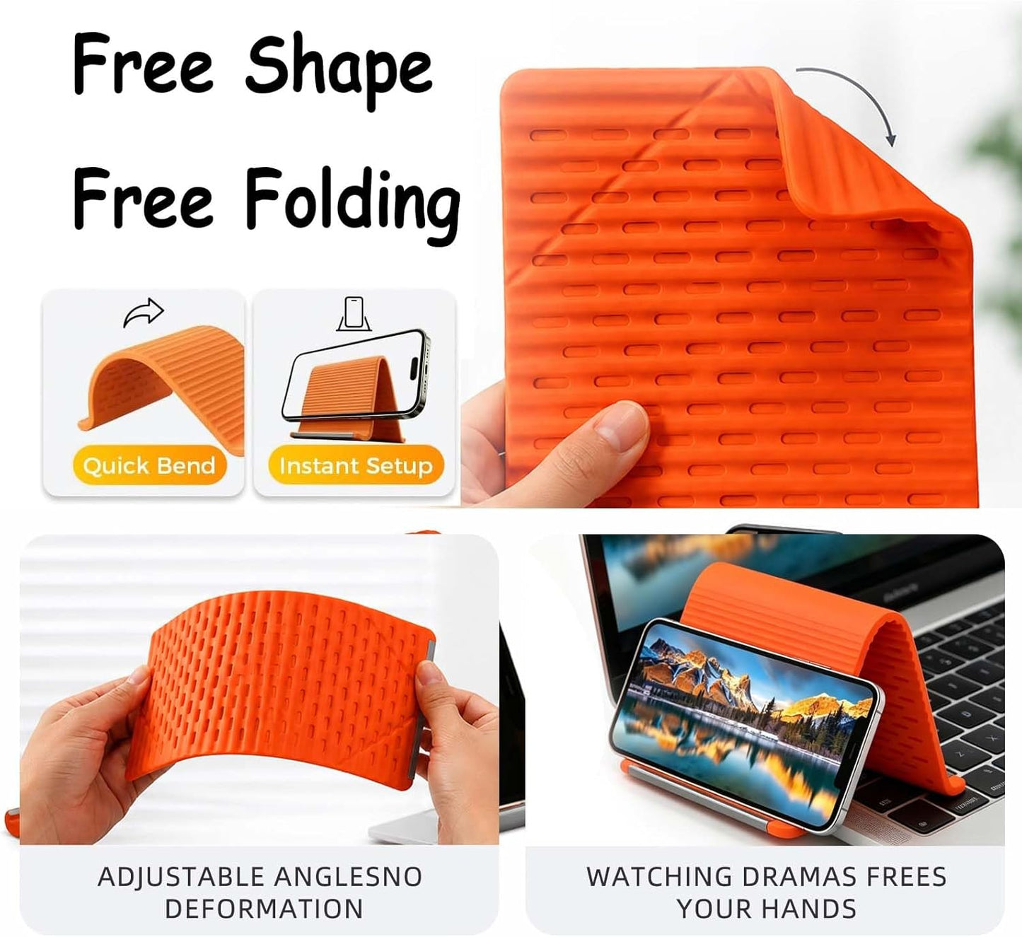 2Pcs Silicone Phone Stand with Aluminum, Flexible Foldable Phone Holder for Long Travel Accessories, Universal Adjustable Anti-Slip Desktop Mount for Phone Tablet Laptop (Orange + Black)