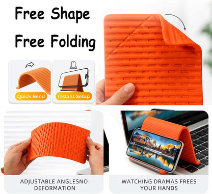 2Pcs Silicone Phone Stand with Aluminum, Flexible Foldable Phone Holder for Long Travel Accessories, Universal Adjustable Anti-Slip Desktop Mount for Phone Tablet Laptop (Orange + Black)