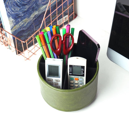 Round Leather Art Supply Organizer,Remote Control Holder,360 Degree Rotating,Multi-Functional Pencil Holder,4 Compartments Desktop Stationary Organizer(1-Fractal Flower) | Round - Colors B