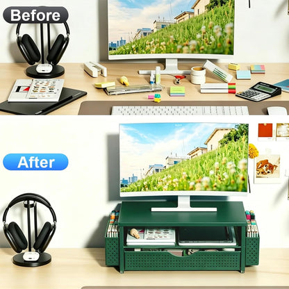Spacrea Desk Organizer and Accessories, Computer Monitor Stand Riser with Drawer and 2 Pen Holders, Office Desk Accessories & Workspace Organizers for Office Supplies (Wood)