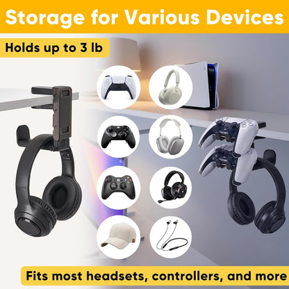 Under Desk Headphone Hanger with Strong Adhesive and Screws Mount, 360° Rotatable Dual Headset Holder Stand, Aluminum Metal Adjustable Headphone Hook, Perfect for Home Gaming & Office - Black