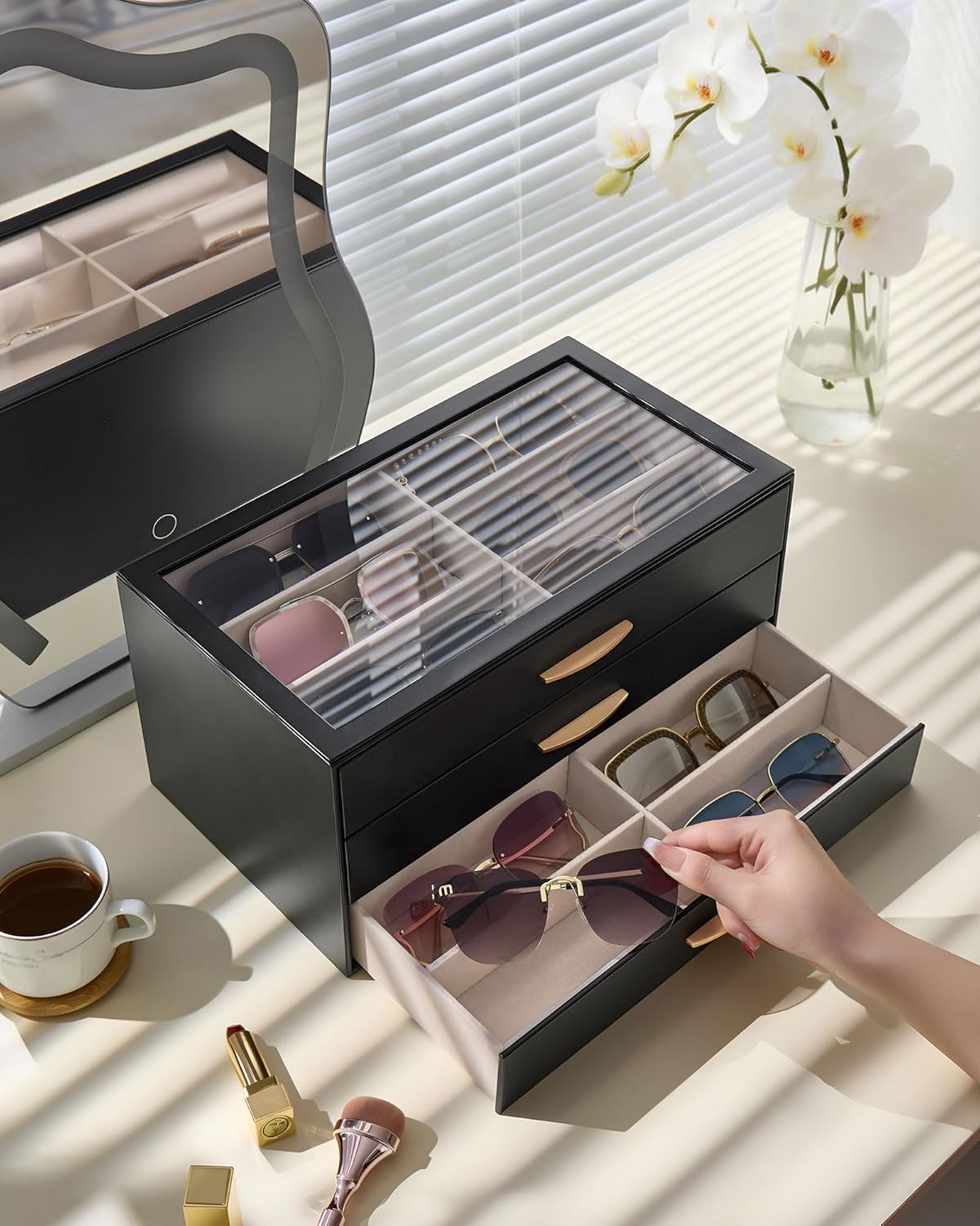 Lolalet Sunglasses Organizer for women, Multi Eyewear Storage Box with Drawer, Glasses Case Display Holder with Clear Top