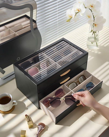 Lolalet Sunglasses Organizer for women, Multi Eyewear Storage Box with Drawer, Glasses Case Display Holder with Clear Top