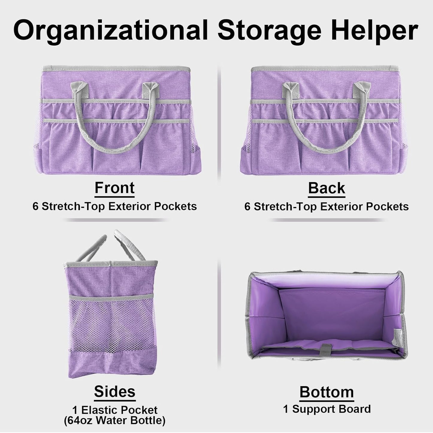 Cupohus Craft Organizer Tote Bag – Craft Caddy with 2 Mesh Side Pockets & Front Elastic Pockets, Foldable Large Capacity Supply Storage Bag for Sewing, Knitting, Painting, and Travel (Purple)