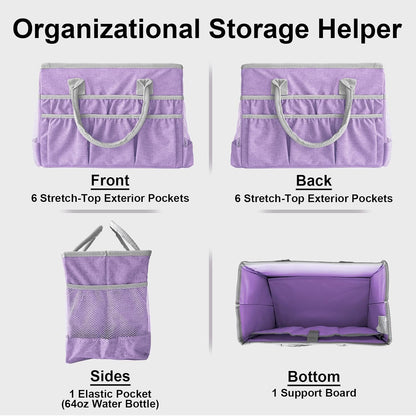 Cupohus Craft Organizer Tote Bag – Craft Caddy with 2 Mesh Side Pockets & Front Elastic Pockets, Foldable Large Capacity Supply Storage Bag for Sewing, Knitting, Painting, and Travel (Purple)