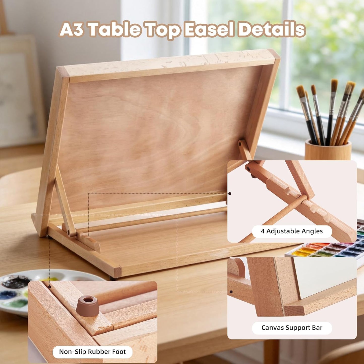 Wooden Tabletop Easel for Painting, Adjustable Table Top Artist Drawing Board for Adults, Students, 5-Position Art Easel Stand 25.6" x 18.9" Drafting Board with A3 Sketch Paper, A2