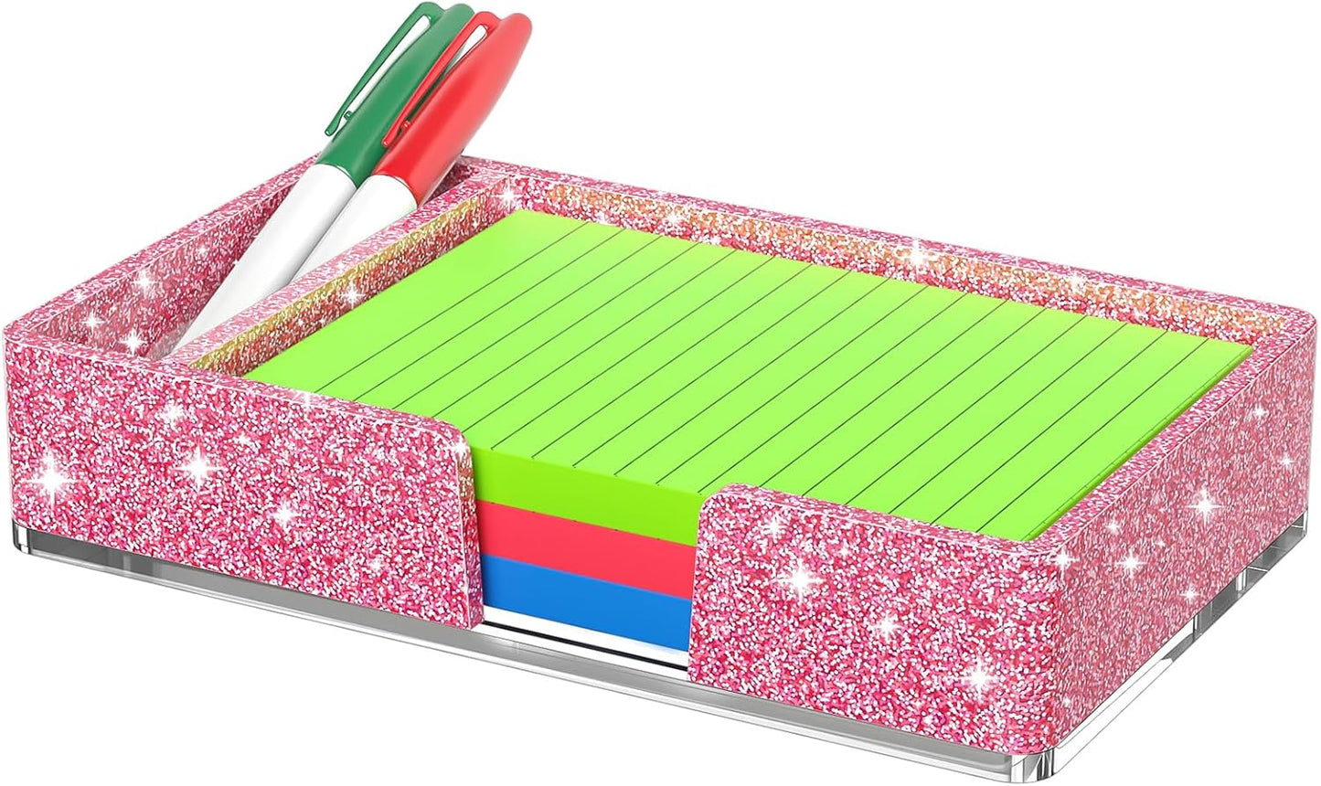 Sticky Note Holder, Glitter Pink Acrylic Notepad Holder 3x3 in Self-Stick Note Dispenser Office Desk Accessories, Memo Pad Holder Organizer for Classroom School Supplies