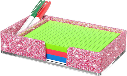 Sticky Note Holder, Glitter Pink Acrylic Notepad Holder 3x3 in Self-Stick Note Dispenser Office Desk Accessories, Memo Pad Holder Organizer for Classroom School Supplies