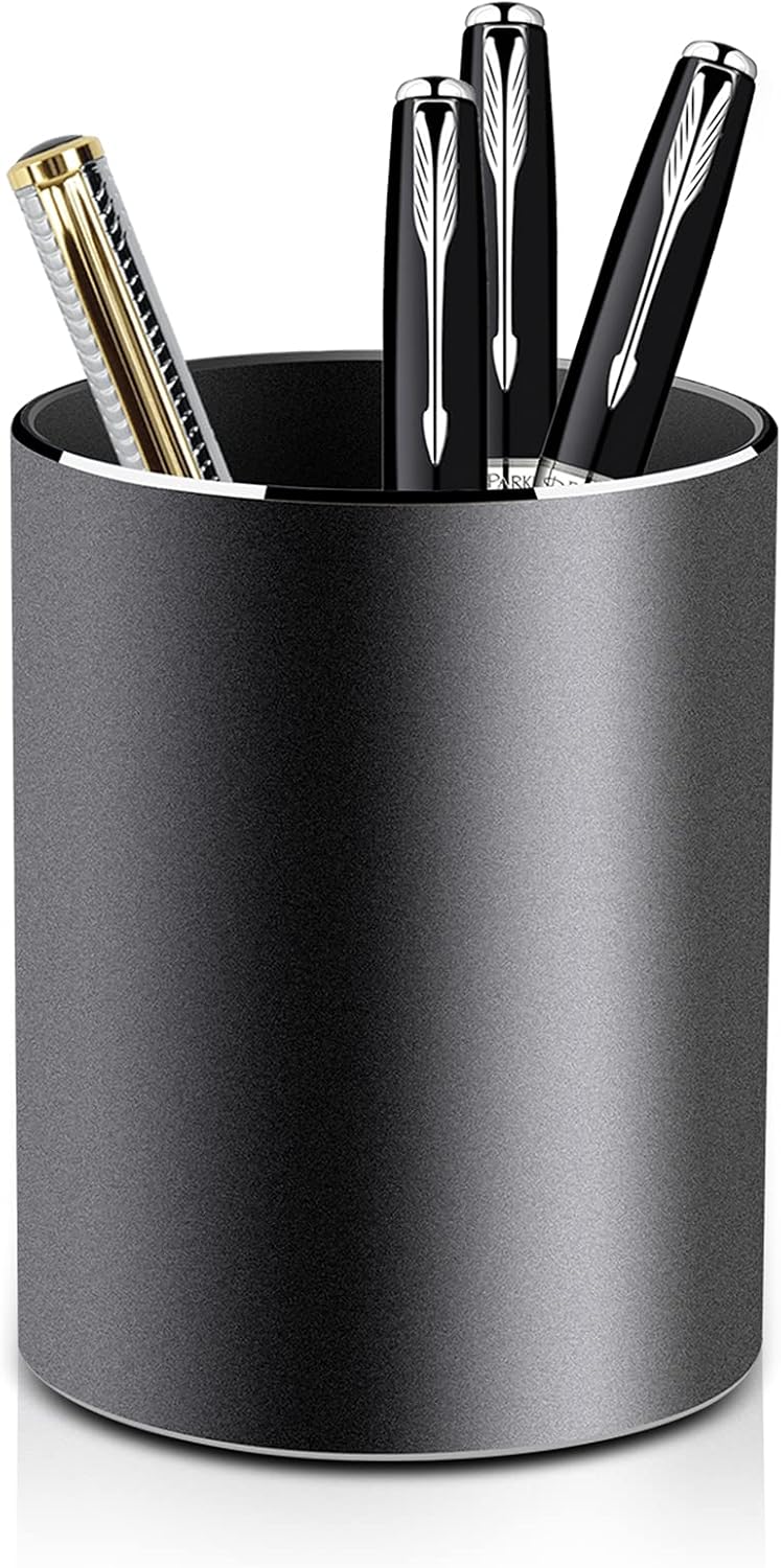 Vaydeer Metal Pen Holder Aluminum Pencil Holder for desk, Round Desktop Organizer and Silver Pencil Cup for Office, School, Home and Stationary Supplies (3.15 x 3.15 x 3.94 Inches)