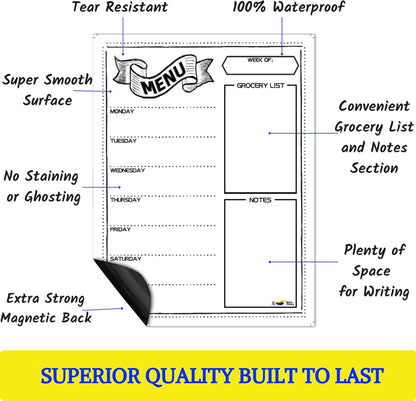 Magnetic Weekly Meal Planner for Fridge – 16” x 12” Dry Erase Menu Board with Grocery List & Notes – Stain-Resistant Whiteboard for Family Meal Planning Includes 3 Magnetic Markers & Eraser