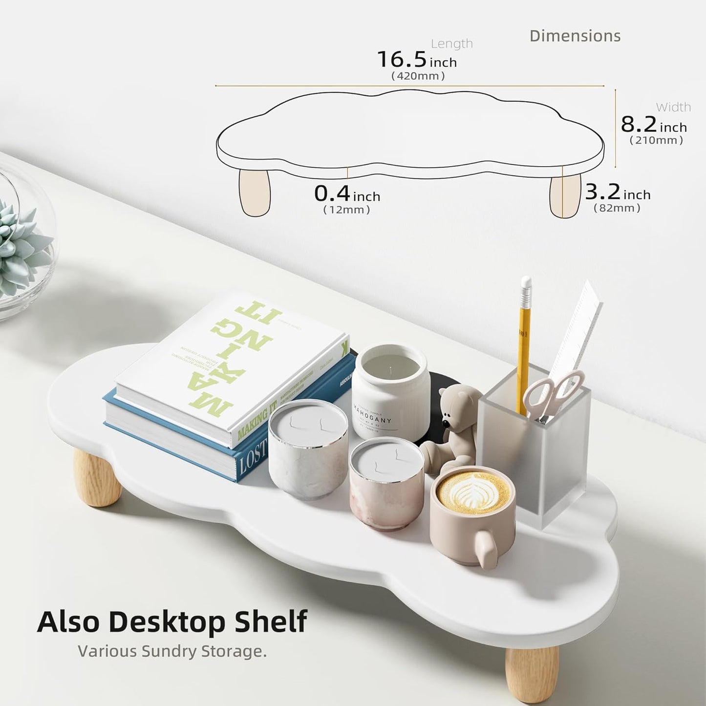AFOOYO Monitor Stand Riser,Cloud-Shaped Sturdy Wood 16.5In Computer Monitor Riser Wirh Drawer, Multi-Purpose Desktop Organizer Riser for Computer,Laptop,Printer,TV,White