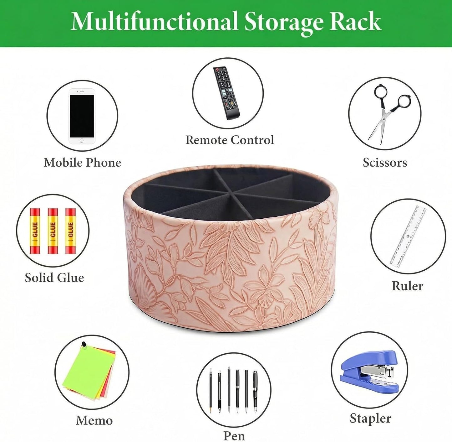 Round Leather Art Supply Organizer,Remote Control Holder,360 Degree Rotating,Multi-Functional Pencil Holder,4 Compartments Desktop Stationary Organizer(1-Fractal Flower) | Round - Colors B