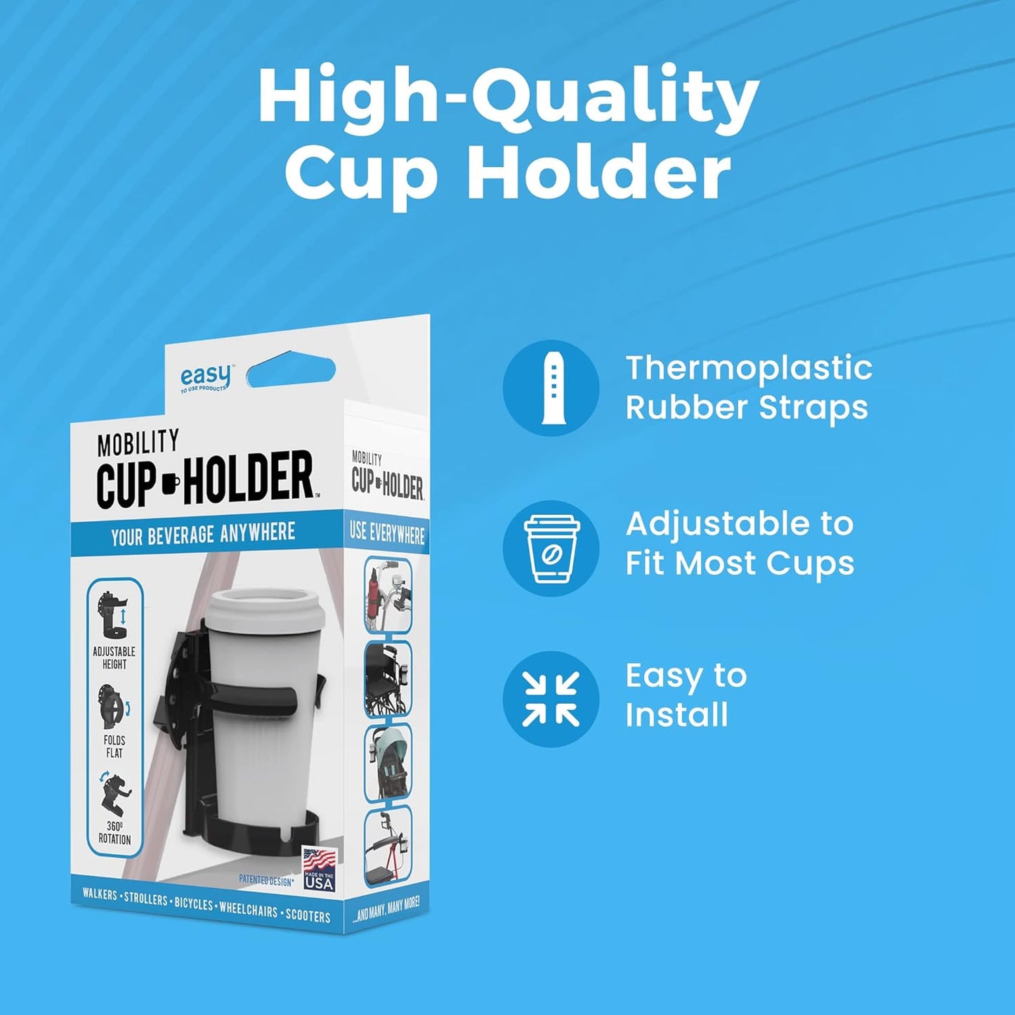 Mobility Cup Holder For Adults - Portable Drink Holder for Wheelchair - Compatible with Walker, Rollator, Transport Chair or Scooter - Easy to Install, Removable, Adjustable & Foldable Cup Carrier
