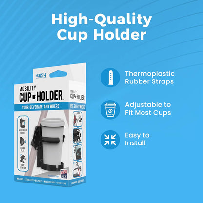 Mobility Cup Holder For Adults - Portable Drink Holder for Wheelchair - Compatible with Walker, Rollator, Transport Chair or Scooter - Easy to Install, Removable, Adjustable & Foldable Cup Carrier
