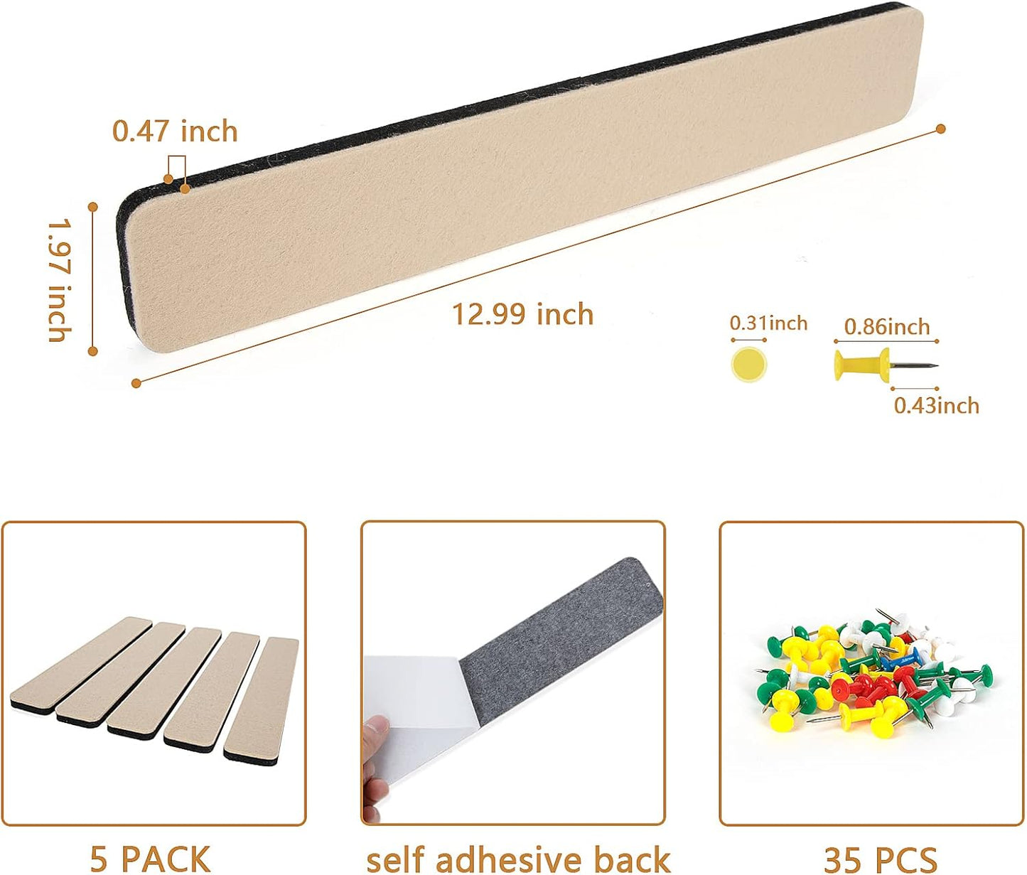 Felt Pin Board Bar Strips Bulletin Board for Bedrooms Offices Home Wall Decoration, Notice Board Self Adhesive Cork Board with 35 Push Pins for Paste Notes, Photos, Schedules