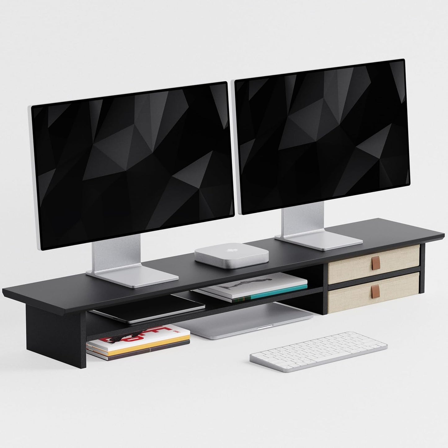 FENSULN Dual‑Tier Monitor Stand Riser with Drawers, Desktop Organizer Shelf Storage for Computer Screen 2 Monitors, Supports for PC Computer Monitor, Printer, Heavy TV Riser Brown and Black