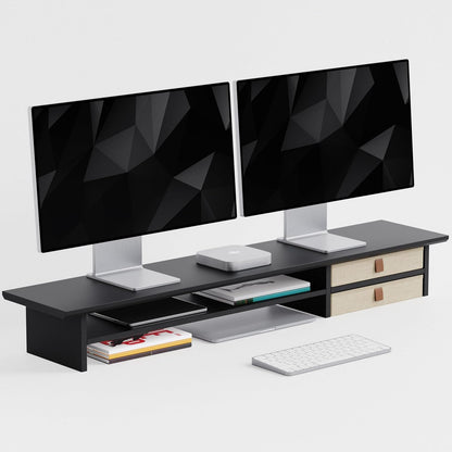 FENSULN Dual‑Tier Monitor Stand Riser with Drawers, Desktop Organizer Shelf Storage for Computer Screen 2 Monitors, Supports for PC Computer Monitor, Printer, Heavy TV Riser Brown and Black