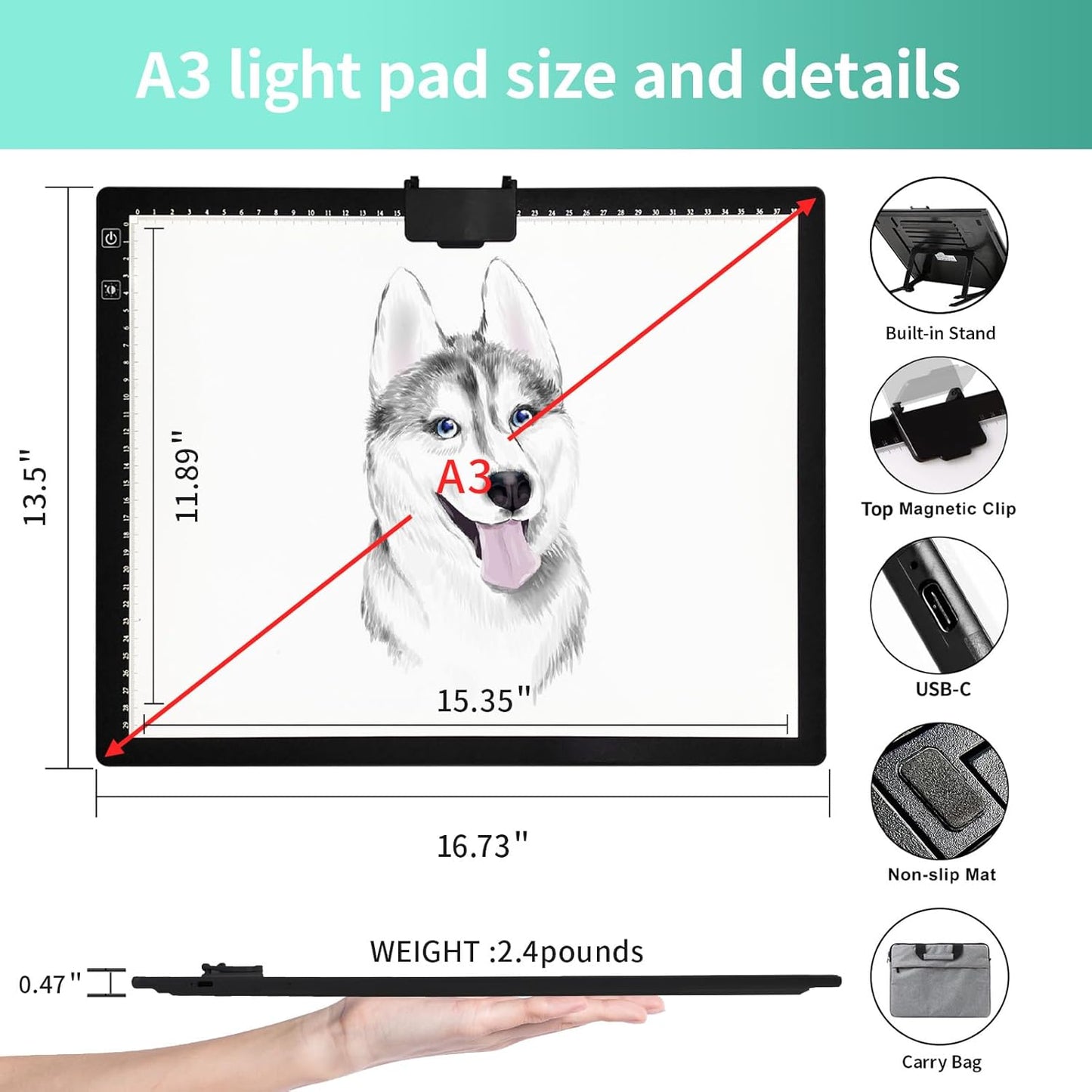 Rechargeable A4 Light Pad - Stepless Dimmable 6 Levels Brightness Tracing Light Box, Diamond Painting Light Board with Top Clip, Battery Powered Portable Light Pad for Weeding Vinyl Tracing