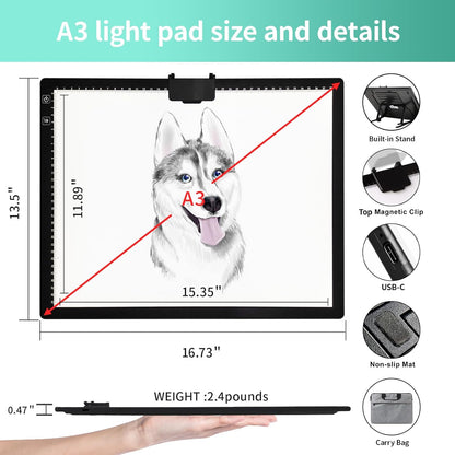 Rechargeable A4 Light Pad - Stepless Dimmable 6 Levels Brightness Tracing Light Box, Diamond Painting Light Board with Top Clip, Battery Powered Portable Light Pad for Weeding Vinyl Tracing