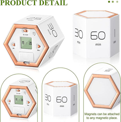 Hexagon Digital Clock Timer, Pomodoro Timer, Productivity Cube, Cubes Timer Kitchen Hexagon Flip Timer for Studying Cooking Exercising Easy to Use Flip (White)