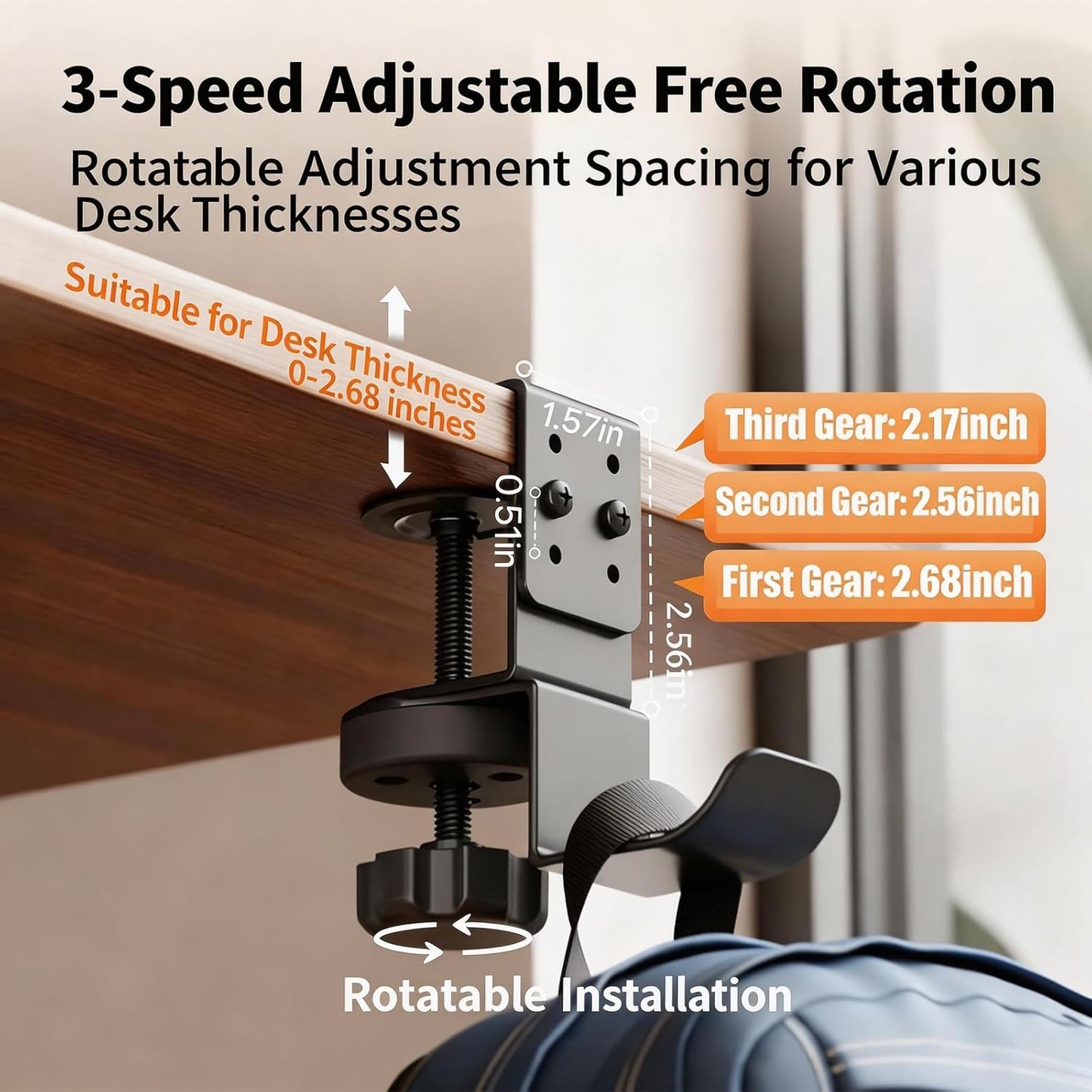 Heavy Duty Desk Hook Clamp(1 PCS), 360° Rotating Backpack Hanger with Height Adjustment, No Drill Headphone Holder, Purse Hook for Table, Bag Hanger, Gifts for Gamers, Office Desk Gaming Accessories